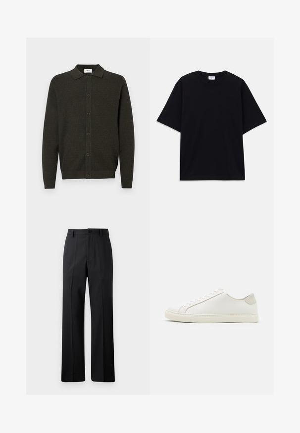 Tmavě zelený pletený kardigan s dlouhým rukávem, límcem a šesti předními knoflíky, s jemným texturovaným vzorem a žebrovanými manžetami a lemem.; Černé oversized tričko s krátkým rukávem, kulatým výstřihem a viditelnou značkou Filippa K uvnitř límce.; Černé kalhoty rovného střihu s poutky na opasek, předním knoflíkem a zipovým zapínáním, vystavené na čistém bílém pozadí.; Bílé kožené tenisky s hladkým povrchem, kulatou špičkou a minimalistickým designem. Disponují béžovými akcenty na patě a gumovou podešví.