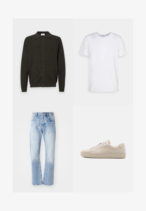 Donkergroene lange mouwen gebreide cardigan met kraag en zes voorknopjes, met een subtiel textuurpatroon en geribde manchetten en zoom.; Witte t-shirt met korte mouwen, gemaakt van katoen. Heeft een ronde halslijn en een comfortabele pasvorm zonder zichtbare patronen of accessoires.; Lichtblauwe denim overhemd met lange mouwen, knoopsluiting en spitse kraag, weergegeven tegen een effen achtergrond.; Lichtblauwe denim jeans met een rechte pijp. Voorzien van een vijf-pocket ontwerp, knoopsluiting en een vervaagde textuur naar de onderkant.; Beige leren sneakers met een gladde afwerking, ronde neus, platte zool en klassiek vetersluiting ontwerp. Subtiele stiksels en een gestructureerde buitenzool.