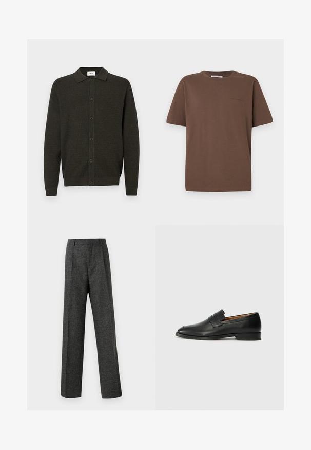 Mörkgrön långärmad stickad cardigan med krage och sex framknappar, med en subtil strukturerad mönster och ribbade ärmslut och nederkant.; Brun bomullst-shirt med rund halsringning, korta ärmar och en liten logotyp tryckt på framsidan. Slät tygstruktur, avslappnad passform.; Grå skräddarsydda byxor i texturerat tyg, med två framvikningar och rak bendesign. Inga synliga fickor eller utsmyckningar.; Svart läderloafersko med rund tå, subtila sömnadsdetaljer och låg klack, med en jämn yta och minimalistisk design.