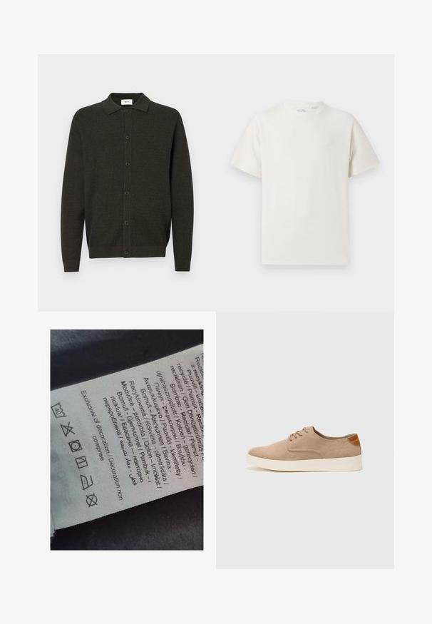 Cardigan en tricot à manches longues de couleur vert foncé, avec col et six boutons sur le devant, présentant un motif texturé subtil et des poignets et un ourlet côtelés.; T-shirt blanc à manches courtes en texture côtelée. Encolure ronde, coupe décontractée, sans motifs ni accents visibles. Design simple et polyvalent.; Étiquette avec texte multilingue, symboles d'entretien et icônes de recyclage, imprimée sur un matériau doux semblable à du tissu dans une couleur claire.; Baskets en daim beige avec un embout arrondi, un laçage sur le devant et un accent texturé à l'arrière. La semelle en caoutchouc blanche offre un contraste. Design simple et moderne.