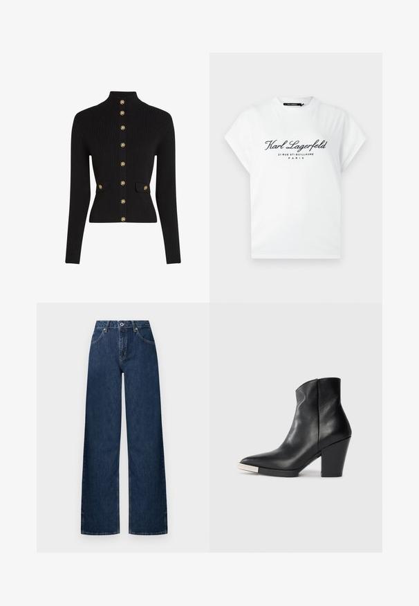Čierny rebrovaný kardigán s vysokým golierom, ozdobený zlatými gombíkmi a dvoma prednými vreckami s ladiacimi gombíkovými akcentmi.; Biele tričko s krátkym rukávom s čiernym nápisom "Karl Lagerfeld 21 Rue St-Guillaume Paris" potlačeným na prednej strane, so zaobleným výstrihom.; Džínsy širokých nohavíc z tmavého denimu. Majú klasický päťvreckový dizajn, zapínanie na gombík a jemné vyblednutie na kolenách.; Čierna kožená členková topánka s špicatou špičkou, vysokým blokovým podpätkom a strieborným detailom na špičke. Hladká textúra a jednoduchý dizajn.