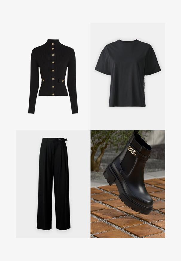 Melns ribots adīts kardigans ar augstu apkakli, priekšpusē aiztaisāms ar pogām, divām priekšējām kabatām un zelta toņa pogām ar logotipu.; Melna īsām piedurknēm kokvilnas t-kreklu ar brīvu piegriezumu un kontrastējošu sānu paneli, kas satur nelielu tekstu un dizaina detaļas.; Melni plaši bikses ar augsto jostasvītru, priekšā ar krokojiem un jostu ar sprādzi. Izgatavotas no gludas, vieglas auduma.; Melna ādas potīšu zābaku ar masīvu gumijas zoli, elastīgām sānu paneļiem un zelta akcents ar "GUESS" zīmola nosaukumu.