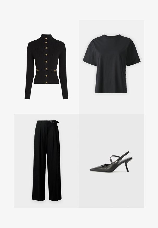 Juodas ribotas megztinis su aukštu apykakliu, užsegamas priekyje mygtukais, turi dvi priekinės kišenes ir auksinės spalvos mygtukus su logotipu.; Juoda trumpomis rankovėmis medvilninė marškinėliai su laisvu siluetu ir kontrastine šonine juostele, kurioje yra mažas tekstas ir dizaino detalės.; Juodos plačios kojų kelnės su aukštu liemeniu, priekinėmis klostėmis ir diržu su sagtimi. Pagamintos iš lygaus, lengvo audinio.; Juodi odiniai slingback kulniukai su smailiu pirštu, siauru kulnu ir dekoratyvine sagtimi viršuje. Lygus paviršius ir elegantiškas dizainas.