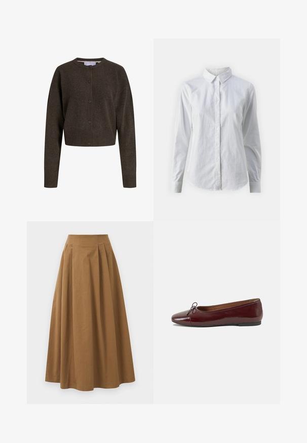 Mörkbrun stickad kort cardigan med långa ärmar, knappstängning framtill, ribbade ärmslut och midja, med en rund halsringning.; Vit skjorta med knappar, tillverkad av mjuk bomull, med klassisk krage, långa ärmar och en böjd fåll. Knapparna är små och vita.; Brun bomull A-linje kjol med hög midja, med veck ned längs framsidan och en mjuk textur. Sömmen är ren och enkel.; Burgunderfärgad lackläderballettskor med rund tå, liten rosettdekoration fram och en låg, svart gummisula. Slät textur.