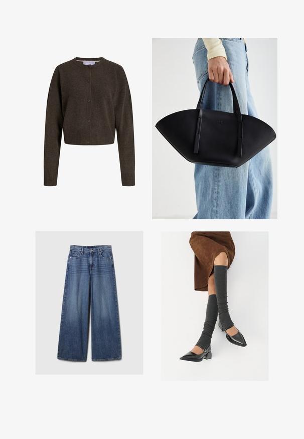 Tmavohnedý pletený skrátený kardigán s dlhými rukávmi, predným zapínaním na gombíky, rebrovanými manžetami a pásom, ktorý má okrúhly výstrih.; Biela košeľa s gombíkmi vyrobená z hladkej bavlny, s klasickým golierom, dlhými rukávmi a zakriveným lemom. Gombíky sú malé a biele.; Džíny s širokými nohavicami v modrej farbe s vyblednutým povrchom, s gombíkom a zipsom, piatimi vreckami a pútkami na opasok.; Čierne lakované kožené topánky s špicatou špičkou, blokovým podpätkom a členkovým remienkom, ktoré sú kombinované so šedými rebrovanými legínami a hnedou zamšovou sukňou.; Čierna kožená kabelka s jedinečným tvarom ventilátora, so plochými držadlami. Povrch má štruktúru s brúseným efektom a minimalistic design.
