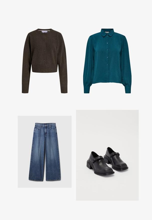 Tmavohnedý pletený skrátený kardigán s dlhými rukávmi, predným zapínaním na gombíky, rebrovanými manžetami a pásom, ktorý má okrúhly výstrih.; Tyrkysová blúzka s golierom, predným zapínaním na gombíky a dlhými rukávmi. Vyrobená z textúrovanej tkaniny s nariasenými manžetami.; Džíny s širokými nohavicami v modrej farbe s vyblednutým povrchom, s gombíkom a zipsom, piatimi vreckami a pútkami na opasok.; Čierne kožené topánky s okrúhlou špičkou, plochou podrážkou a remienkom s detailom pracky. Hrubý blokový opätok pre väčšiu stabilitu.