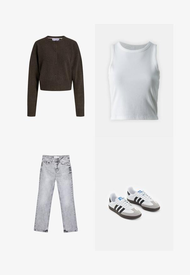 Tmavě hnědý pletený zkrácený kardigan s dlouhými rukávy, zapínáním na knoflíky v přední části, ribovanými manžetami a pasem, s kulatým výstřihem.; Bílý žebrovaný tílko s kulatým výstřihem a bezramínkovým designem, s rovnými lemy a hladkou, elastickou strukturou.; Šedé džíny z denimu se střihy rovnými nohavicemi, s poškozenou úpravou, pěti kapsami a měděnými nýtky. Pasová část obsahuje logo štítek.; Sportovní boty s bílým koženým svrškem, šedou semišovou špičkou a třemi černými pruhy. Obsahují modré logo na jazyku a texturovanou gumovou podrážku.