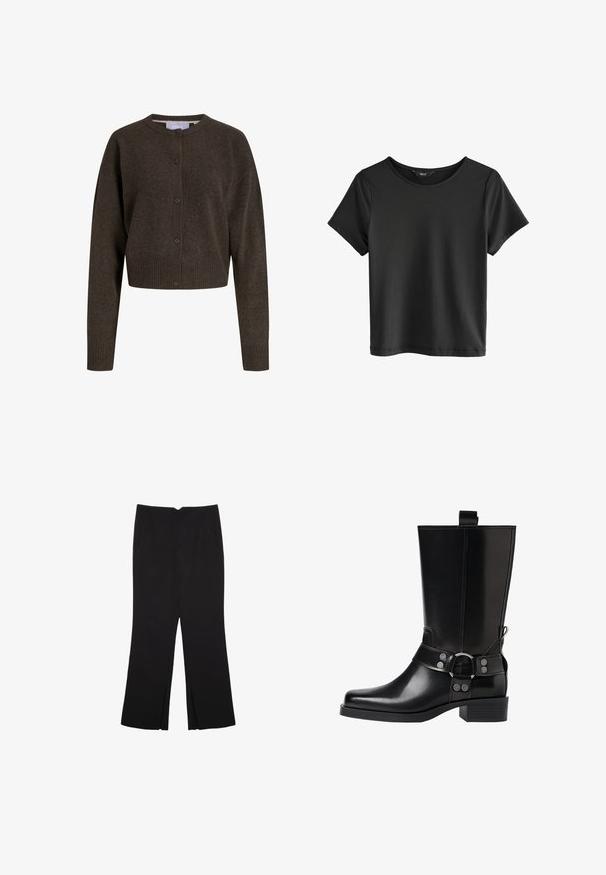 Tmavě hnědý pletený zkrácený kardigan s dlouhými rukávy, zapínáním na knoflíky v přední části, ribovanými manžetami a pasem, s kulatým výstřihem.; Černé tričko s krátkým rukávem a kulatým výstřihem. Vyrobeno z měkké látky, obsahuje hladkou texturu a jednoduchý, minimalistický design.; Černé kalhoty s rovným střihem, s předními kapsami a bočními rozparky na lemu. Vyrobené z jemné, hladké tkaniny. Vhodné na různé příležitosti.; Černá kožená vysoká bunda s špičatou špičkou, stříbrnými sponami a robustní podešví. Obsahuje poutko pro snadné obutí.