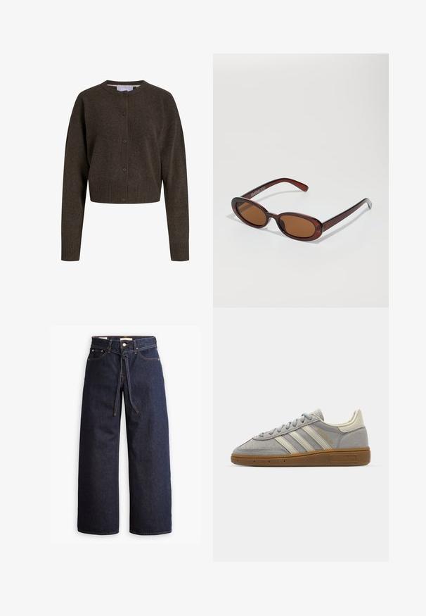 Dunkelbraune gestrickte kurze Strickjacke mit langen Ärmeln, Knopfverschluss auf der Vorderseite, gerippten Bündchen und Saum, die einen runden Ausschnitt hat.; Weißes Langarmshirt aus weichem, glattem Stoff. Hat einen Rundhalsausschnitt und eine taillierte Passform mit minimalen Nähdetails.; Weite, dunkelblaue Jeans aus Denim mit hoher Taille, ausgestattet mit einem Kordelzug, fünf Taschen und kontrastierenden Nähdetails.; Graue Wildledersneaker mit hellgrauen Lederstreifen und einer Sohle aus Gummi. Zu den Merkmalen gehören eine Schnürung und dezente Markenkennzeichnung auf der Zunge.; Runde, braun getönte Sonnenbrillen mit einem glänzenden burgunderfarbenen Rahmen. Schlanke Bügel mit dezentem Branding. Flaches Linsendesign.