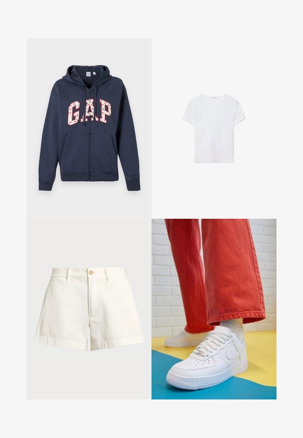 Námornícky modrá mikina na zips s prednými vreckami, kapucňou so šnúrkami a nápisom "GAP" s čerešňovým vzorom a červeným obrysom na hrudníku.; Biela kratká dámska tričko s krátkym rukávom vyrobené z mäkkej látky. Má okrúhly výstrih a jednoduchý, čistý dizajn so rovnými okrajmi.; Biele bavlnené šortky so rovnom strihom, s gombíkovým zapínaním, bočnými vreckami a manžetovým lemom pre čistý vzhľad.; Biele kožené tenisky s perforovanou špičkou, textúrovanou podrážkou a bielymi šnúrkami, spárované so širokými červenými nohavicami na modrom a žltom pozadí.
