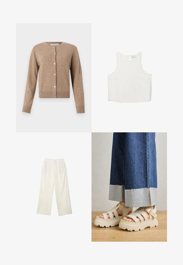 Tan kardiagan i mjukt material, med rund halsringning, långa ärmar och knäppning med ljusa knappar.; Vit ärmlös topp med rundad halsringning, featuring en subtil textur, detalj med nyckelhål i ryggen och rak nederkant.; Breda byxor i krämfärgad tyg med en mjuk yta, med en enda knapp fram, subtila veck och en hög midja design.; Beiga plattformssandaletter med tjocka sulor har en remdesign och justerbara ankelremmar. Bärs med vida jeansbyxor, där ena fållen är trasig.
