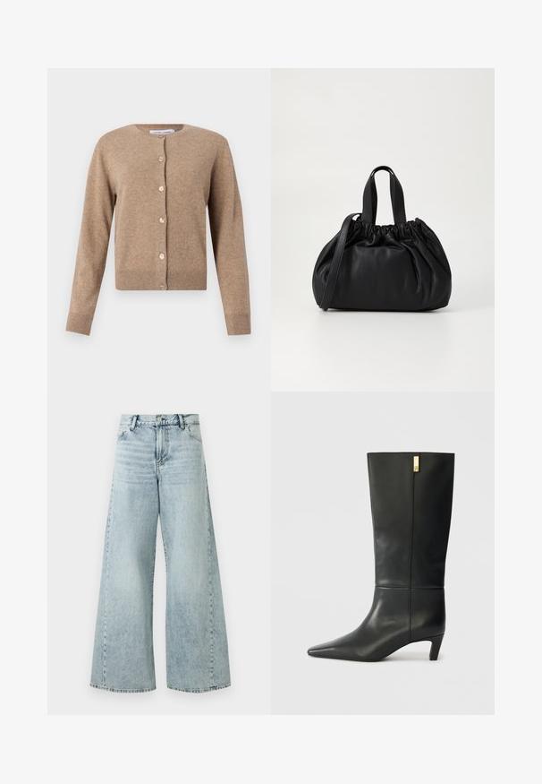Bež kardigan iz mehkega materiala, s krožnim izrezom, dolgimi rokavi in gumbnim zapiranjem z svetlimi gumbi.; Bela kratka majica s kratkimi rokavi iz bombaža z obliko okroglega izreza. Gladka struktura in raven kroj, brez vzorcev ali dodatkov.; Svetlo modri kavbojasti široki hlače z visoko pasom, ki imajo gumbasto zapiranje, pet žepov in raztrgane robove.; Črne usnjene škornje do kolen s koničastim nosom in majhnim petam. Imajo elegantno zasnovo z zlatim poudarkom. Gladka tekstura.; Črna usnjena torbica z zloženim zgornjim dizajnom, opremljena z dvema kratkima ročkama in dolgo nastavljivo naramnico. Gladka tekstura, okrogla oblika.