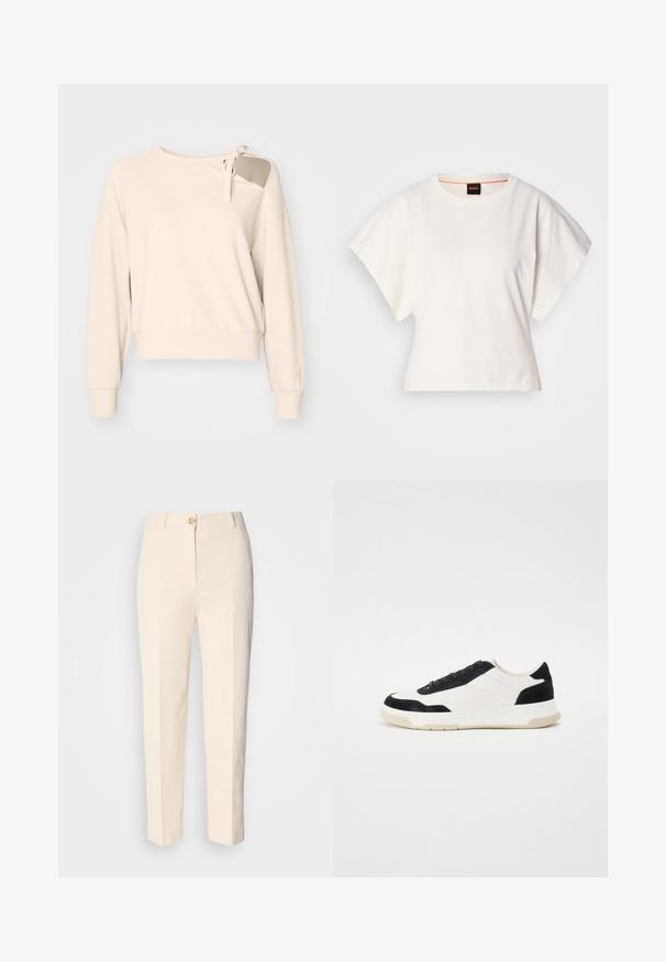 Bēšas kroptas ceļgala garuma kreklis ar garām piedurknēm, kuram ir saistīšanas detaļa uz pleca un ribotas aproces. Mīksta auduma ar gludu tekstūru.; Balts īsais T-krekls, plašas īsas piedurknes, mīksts kokvilnas materiāls, apaļa kakla izgriezums ar delikātu oranžu apdari, minimāls dizains, bez rakstiem vai grafikām.; Krēma krāsas augstākā jostas līmeņa bikses, izgatavotas no teksturēta auduma. Tām ir aizdare priekšā ar pogu un sašaurināti kājām.; Sporta apavi ar baltu ādas augšdaļu, melniem zamšāda akcentiem un strukturētu gumijas zoli. Iespējo sasaistes dizains un šūtu detaļu klātbūtne.