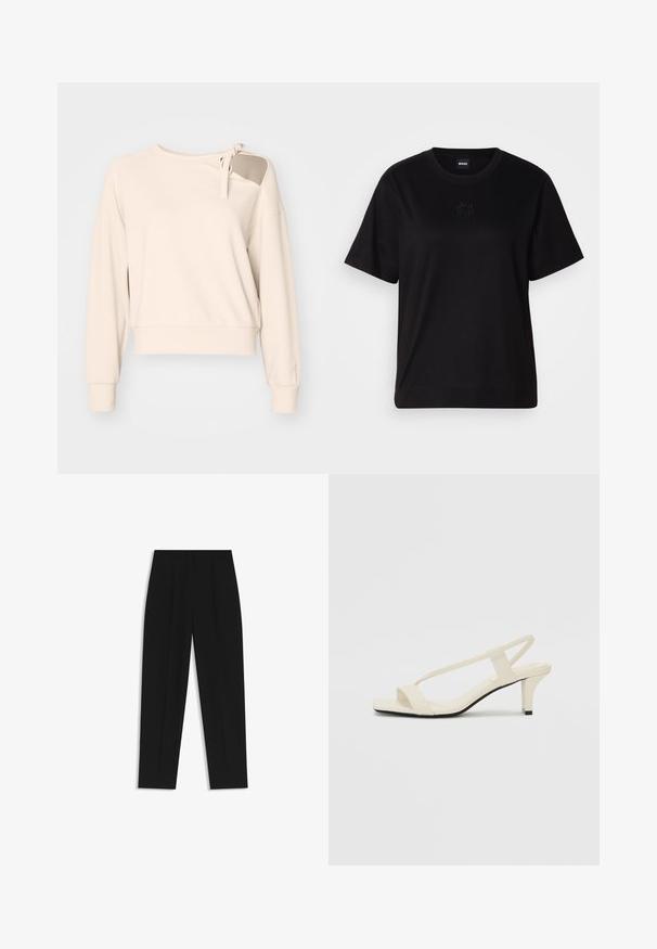 Felpa beige corta con maniche lunghe, presenta un dettaglio annodato sulla spalla e polsini a coste. Tessuto morbido con una superficie liscia.; Maglietta in cotone nera con scollatura tonda, maniche corte e logo ricamato sul petto. Design semplice e vestibilità rilassata senza motivi.; Pantaloni neri a taglio dritto, con doppie pieghe, una texture liscia e un design classico in vita. Nessun hardware o dettaglio visibile.; Sandali con tacco a blocco beige, con sottili cinturini e punta quadrata. Materiale liscio con dettagli minimi, progettati per un facile utilizzo.