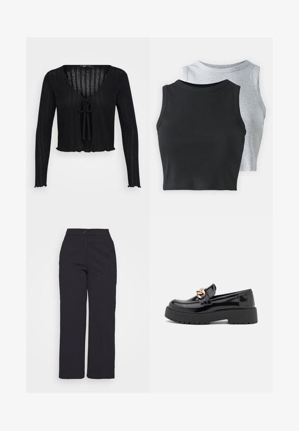 Czarny krótki kardigan wykonany z prążkowanej tkaniny, z długimi rękawami, głębokim dekoltem w serek oraz z przodem zapinanym na węzeł i falbaniastym wykończeniem.; Even&Odd Petite - Top; Czarne szerokie spodnie wykonane z gładkiego materiału, z zapięciem na guzik i czystym, dopasowanym krojem bez widocznych kieszeni.; Czarne lakierowane loafersy z masywną czarną podeszwą i złotymi detalami. Gładka tekstura i zaokrąglony kształt noska.