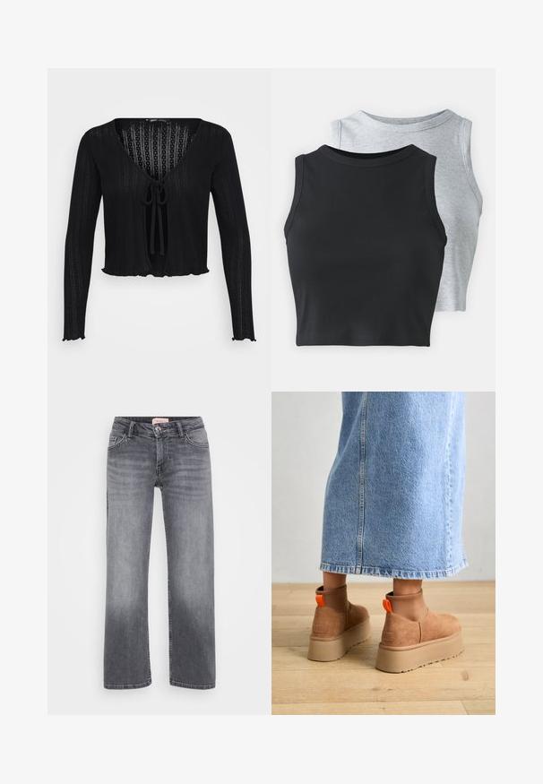 Schwarze cropped Strickjacke aus geripptem Stoff, mit langen Ärmeln, einem tiefen V-Ausschnitt und einer vorderen Bindung mit gewelltem Saum.; Even&Odd Petite 2 PACK - Top - light grey/black; Graue Jeans aus Denim mit geradem Bein, fünf Taschen, dezentem Verblassen und einem Knopfverschluss in der Taille.; Braune Wildleder-Plateau-Stiefel mit elastischen Seitenpaneelen und orangen Zuglaschen, kombiniert mit einem knielangen hellen Jeansrock auf einem Holzboden.