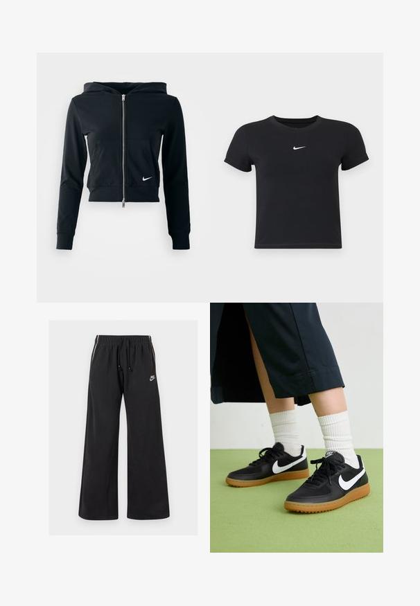 Svart cropped hettegenser med sølvglidelås og frontlomme. Laget av myk, elastisk tekstil. Har hette og liten Nike-logo på brystet.; Svart T-skjorte med kort arm laget av bomull med rund hals. Har en hvit Nike-logo på brystet, minimalistisk design og tettsittende fasong.; Svarte joggebukser laget av myk tekstil, med elastisk midje og snor, sidestrimler og en liten logo på venstre front.; Sorte lær- og syntetiske joggesko med hvit Nike swoosh, gummisåle, rund tå og sorte lisser. Ribbet hvite sokker synlige.