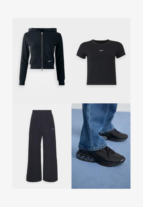 Juodas trumpas džemperis su sidabriniu užtrauktuku ir priekinėmis kišenėmis. Pagamintas iš minkštos, elastingos medžiagos. Su kapisonu ir maža Nike logo krūtinėje.; Juodas trumpas rankoves marškinėliai, pagaminti iš medvilnės, su apvaliu kaklu. Pasižymi balta Nike logotipu ant krūtinės, minimalistišku dizainu ir prigludusia forma.; Juodos plačios kojos kelnės su elastinga liemene ir mažuoju baltu Nike logotipu. Audinys turi lygią tekstūrą, sukurtas patogumui ir kasdieniam nešiojimui.; Juodi sportiniai bateliai su tinkliniu viršumi, tekstūruotais akcentais ir matomais oro pagalvėmis pado viduje. Dėvimi su mėlynais džinsais.