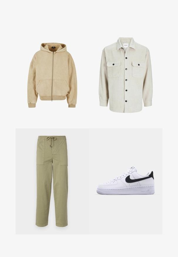 Beige zip-up hoodie van zachte stof, met een grote capuchon, twee voorzakken en ribgebreide manchetten en zoom. Soepele textuur en casual pasvorm.; Beige flanellen overhemd met een kraaglijn, voorzien van twee borstzakken, zwarte knopen en lange mouwen met knoopmanchetten.; Licht olijfgroene broek van een katoenmix, met een elastische tailleband met trekkoord en twee grote zijzakken.; Witte leren sneaker met een gestructureerde zwarte Swoosh, platte veters en een rubberen zool met een geribbeld patroon. "AIR" is in de hak geperst.