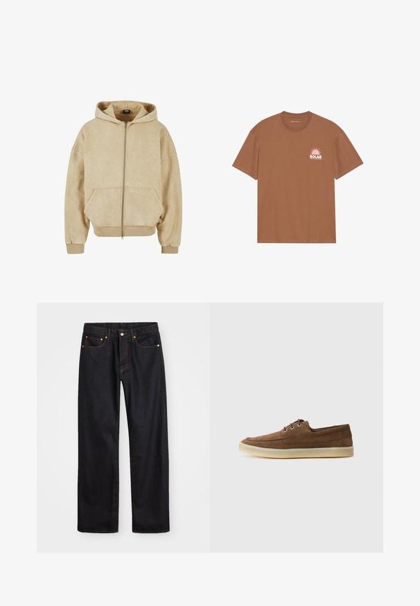 Sudadera con cremallera en color beige, fabricada en un material suave, que presenta una gran capucha, dos bolsillos frontales y puños y dobladillo acanalados. Textura suave y corte casual.; Camiseta de algodón marrón de manga corta, con un gráfico de sol rosa y el texto "SOLAR" en el lado izquierdo del pecho. Diseño de cuello redondo.; Jeans de mezclilla negros de pierna recta para hombre, con cinco bolsillos y costuras en color naranja, cierre de botón y cremallera en la parte delantera de la cintura.; Zapatos de ante marrón con un diseño de perfil bajo, con cordones, suela de goma y detalles de costura en contraste. Estilo simple y funcional.