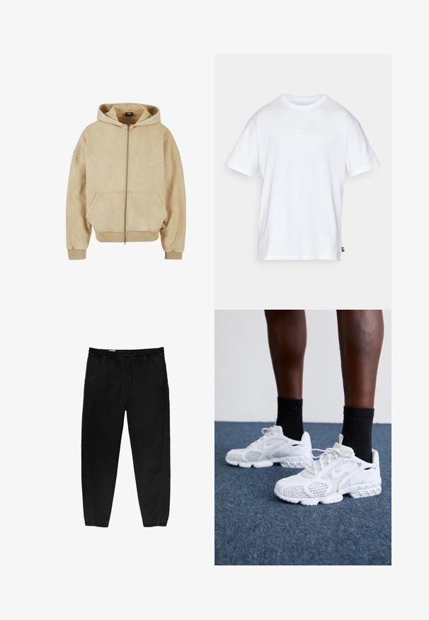 Bežna zip-up kapuca iz mehkega blaga, ki ima veliko kapuco, dve sprednji žepu ter rebraste manšete in spodnji rob. Gladka tekstura in sproščen kroj.; Bela bomba iz bombaža s kratkimi rokavi in okroglo ovratnikom. Ima majhen, diskreten Nike logotip na prsih in stranski etiket.; Črne hlače z elastičnim pasom in vrvico, ožji nogi, stranskimi žepi in subtilnimi detajli šivanja na straneh. Mehka bombažna tekstura tkanine.; Bela športna obutev z mrežasto zgornjim delom, teksturiranimi detajli in oblazinjenim podplatom. V kombinaciji s črnimi rebrastimi gležnjarji na modri preprogi.