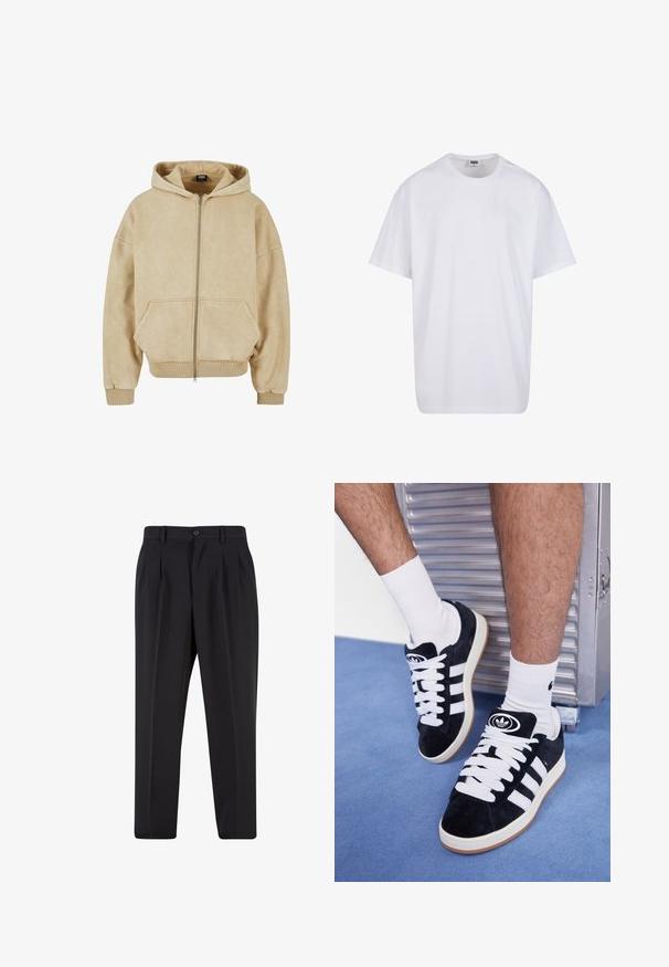 Šviesiai rudas zip-up džemperis, pagamintas iš minkštos medžiagos, su dideliu kapišonu, dviem priekinėmis kišenėmis bei gipiūro rankogaliais ir apačia. Glotni tekstūra ir laisvas fasonas.; Balta medvilninė marškinėlių užsagėlė su trumpomis rankovėmis, apvaliu kaklu, laisva forma ir be matomų logotipų ar raštų. Lygi tekstūra ir minimalus dizainas.; Juodi kelnių su raukšlėtu priekiu dizainu, pagaminti iš lygaus audinio. Su mygtuko užsegimu ir diržo kilpomis; tiesios kojų formos.; Juodos zomšos sportbačiai su baltais raišteliais ir trimis baltais dryžiais. Ant liežuvėlio yra apvalus juodas logotipas, o pado medžiaga – guminė.