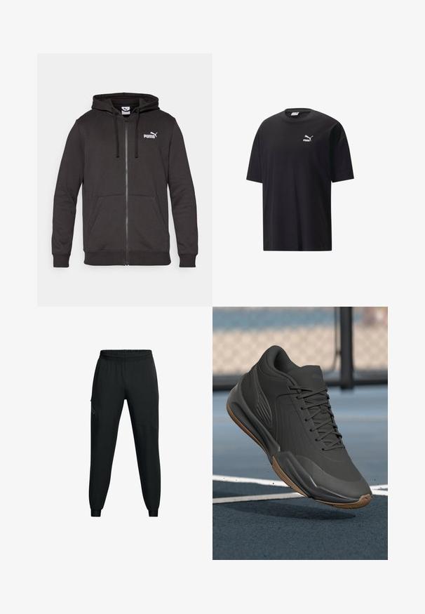 Juodas zip-up sportinis džemperis, pagamintas iš medvilnės mišinio. Turi kengūros kišenę, virves, įrengtas raukšlėtas rankoves ir baltą Puma logotipą krūtinėje.; Juodas medvilnės marškinėliai trumpomis rankovėmis, apvali iškirptė ir balta Puma logotipas ant krūtinės. Paprastas ir nepuošnus dizainas.; Juodi sportiniai kelnės su elastinga juosmena, siaurėjančio pjūvio, šoninėmis kišenėmis ir kontrastingais panelių detalėmis. Lengvas, lygus audinys.; Juodas sportinis batelis su lygiu sintetine viršutine dalimi, tekstūruotais akcentais ir guma padanga, skirtas našumui ir komfortui.