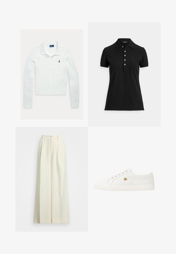 Hvit kabelstrikket cardigan med krage, knappestolpe og ribbestrikkede mansjetter og kant. Har en liten blå logo på brystet.; Svart polo-skjorte laget av strukturert stoff, med krage, korte ermer og knappestolpe med gullknapper. Diskret logodetalj på brystet.; Vidde-bukser i off-white stoff med høy midje, doble folder og knappelukking. Glatt tekstur og skreddersydd design.; Lauren Ralph Lauren JANSON II CANVAS SNEAKER - Joggesko - optic white