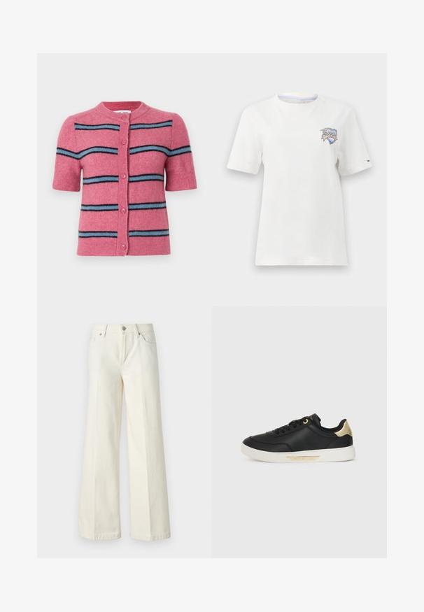 Samsøe Samsøe NOURA CARDIGAN - Kardigán - rose wine; Biele bavlnené tričko s krátkymi rukávmi, so vyšitým motívom v modrej a červenej farbe na hrudi a pruhovaným detailom na golieri.; Biele džínsy s širokými nohavicami vyrobené z bavlnenej zmesi. Majú zips, päť vreciek a švy so zafarbením.; Čierne kožené tenisky s hladkou textúrou, bielou gumovou podrážkou, zlatými akcentmi na päte a šnúrkach, s logom na boku.