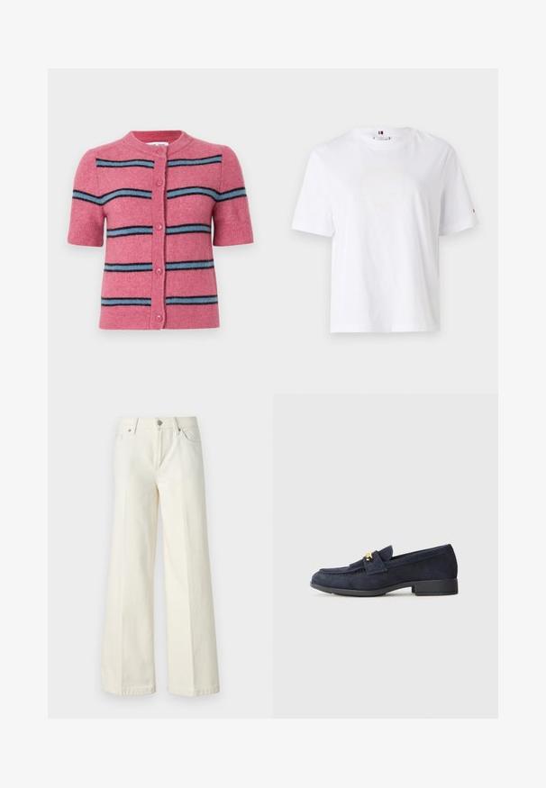 Samsøe Samsøe NOURA CARDIGAN - Neuletakki - rose wine; Valkoinen puuvillapaita, jossa on pyöreä kaula-aukko, lyhyet hihat ja huomaamaton keltainen logomuotoilu, jossa lukee "HILFIGER NEW YORK 1985." Normaali istuvuus.; Valkoiset leveät farkut, jotka on valmistettu puuvillasekoitteesta. Ominaisuuksina vetoketjuluukku, viisi taskua ja ompeleet saumoissa.; Laivastonsiniset nubuk loaferit matalalla mustalla korolla, joissa on koristeellinen kulta lameetuksen yksityiskohta edessä ja pyöristetty kärkimuoto.