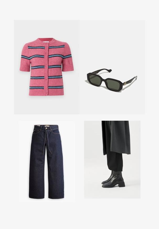 Samsøe Samsøe NOURA CARDIGAN - Cardigan - rose wine; Samsøe Samsøe NOURA - Topper - rose wine; Viddeben mørkeblå denim jeans med høy midje, som har snøring, fem lommer og kontraststing.; Svart lær ankelstøvler med firkantet tå og tykk hæl, brukt med løse svarte bukser og en mørkegrå frakk. Glatt overflatestruktur.; Sorte rektangulære solbriller med solide grønne linser, med en glansfull overflate og en gulllogo som akcent på siden.