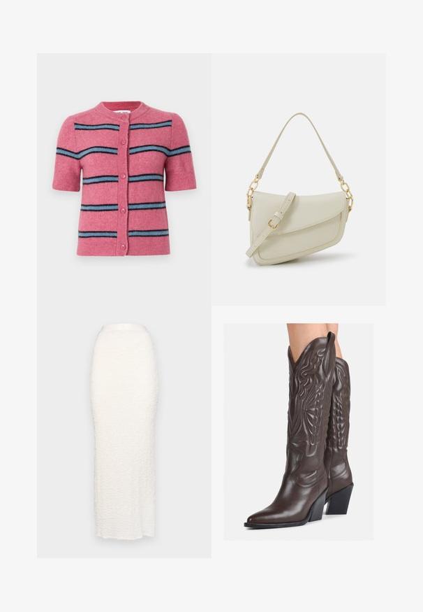 Samsøe Samsøe NOURA CARDIGAN - Cardigan - rose wine; White sleeveless tank top made of ribbed fabric, featuring a rounded neckline and a fitted silhouette, with minimal seams and no embellishments.; Gina Tricot STRUCTURE MAXI SKIRT - Maxi skirt - white; Brown leather cowboy boots with pointed toe and block heel, featuring detailed stitching and raised accents on the shaft.; Small cream handbag with a textured finish, a long adjustable strap, a chain accent, and a flap closure. Gold hardware detailing.