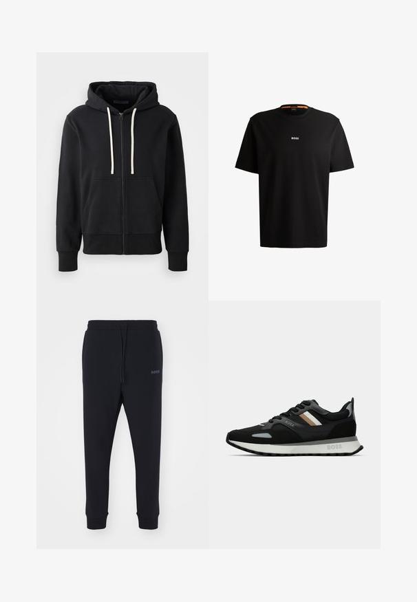 Fekete, cipzáras kapucnis pulóver pamutkeverékből, elülső zsebbel, húzózsinórral ellátott kapucnival és bordás mandzsettákkal. Sima textúra, egyszerű dizájn.; Fekete pamut póló kerek nyakkivágással, rövid ujjakkal és fehér „BOSS” logóval a mellkas közepén. Simaság jellemzi, laza szabású.; Fekete melegítőnadrág, puha anyagból, elasztikus derékkal, zsinórral és szűkülő lábakkal. Oldalt egy kis logó található.; Fekete futócipő, texturált felülettel, világosszürke díszítésekkel és három északi csíkkal barnában. Fehér párnázott talpával rendelkezik.