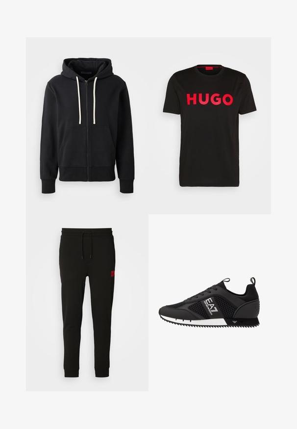 Sweatshirt preto com fecho, feito de uma mistura de algodão, apresentando um bolso frontal, capuz com cordão e punhos canelados. Textura suave, design simples.; T-shirt de algodão preto com o texto "HUGO" em vermelho intenso na parte da frente, mangas curtas, decote redondo e um corte relaxado.; Calças de treino pretas feitas de um tecido macio, com cintura elástica ajustável, ajuste slim e um emblema vermelho na coxa esquerda.; EA7 Emporio Armani Sapatilhas - black/white