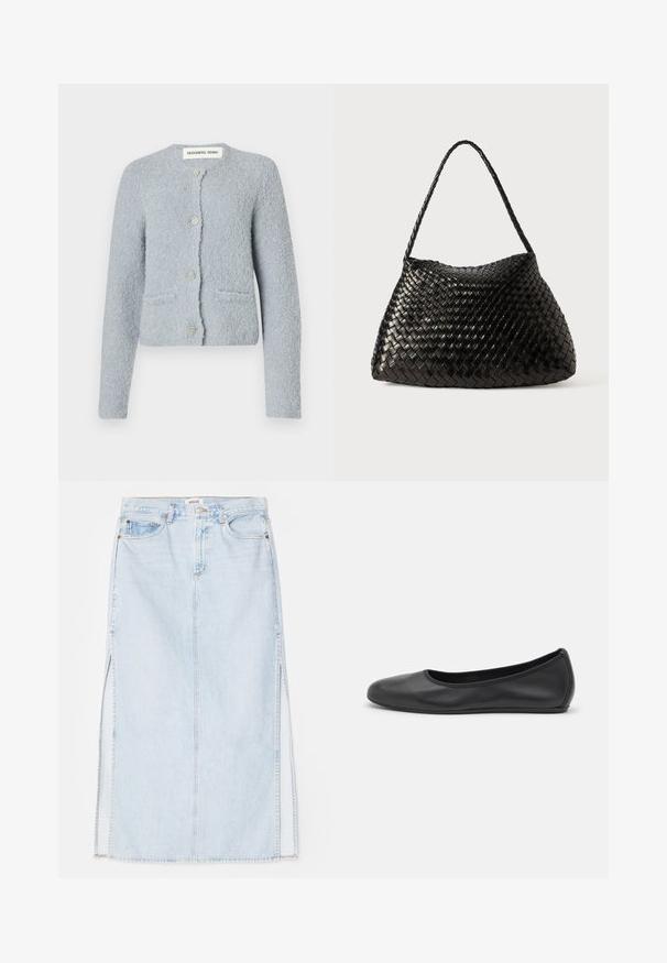 Light blue textured cardigan made of soft material. Features a round neckline, front pockets, and five decorative buttons.; White cotton t-shirt with a crew neckline and short sleeves, featuring a relaxed fit and minimalistic design. Tag visible at the neck.; Light blue denim maxi skirt with a straight cut, featuring side slits and five-pocket design. Prominent stitching and metal button closure.; Black leather ballet flat with a rounded toe, smooth texture, minimal stitching detail, and a flexible sole design.; Black woven leather handbag with a curved, soft shape and a single braided strap, featuring a smooth texture and an intricate pattern.