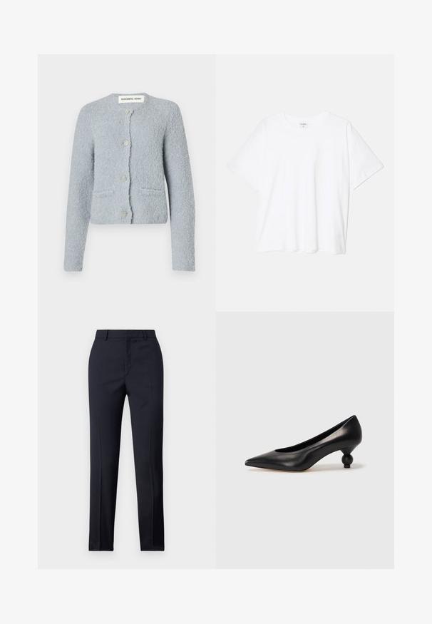 Šviesiai mėlynas tekstūruotas kardiganas, pagamintas iš minkštos medžiagos. Turi apvalų iškirpimą, priekinius kišenes ir penkis dekoratyvinius mygtukus.; Balta medvilnės marškinėliai trumpomis rankovėmis, apvalia iškirpte, laisvo kirpimo ir su siūtu kraštu. Etiketė matoma vidinėje iškirptės pusėje.; Jūriniai pritaikyti kelnes su tiesiu kirpimu, turinčios lygų paviršių, dvi priekinės kišenės ir švarus liemuo.; Juoda odinė aukštakulnė bateliai su smailiu pirštu ir apvaliu, iškiliu kulnu. Lygus paviršius su elegantišku, minimalistiniu dizainu.