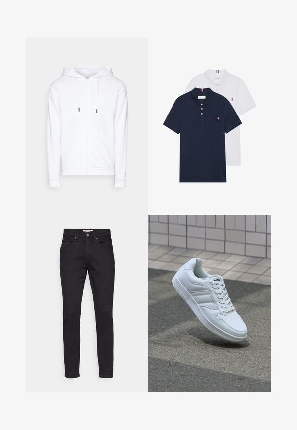 Jack & Jones JJEBRADLEY - Bluză de molton cu fermoar - white; Două tricouri polo: unul albastru navy și unul alb, ambele având un mic accent roșu, alb și albastru pe buzunarul de la piept și guler.; Jeans negri din denim cu o croială slim, design cu cinci buzunare și accente subtile roșii și albe pe buzunarul din față.; Adidași albi pentru sport cu superior din piele netedă, sistem de șireturi în față, vârf perforat și talpă cu model. Design minimalist cu trei dungi laterale.