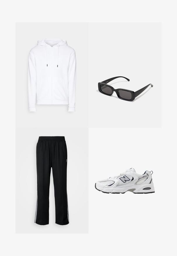 Jack & Jones JJEBRADLEY - Felpa con zip - white; T-shirt bianco in cotone con maniche corte, scollo rotondo e vestibilità comoda. Presenta un design minimalista, senza motivi né accenti.; Pantaloni da allenamento neri con elastico in vita, dotati di bande laterali bianche e un piccolo logo. Il materiale sembra morbido e leggero.; Scarpa sportiva bianca con tomaia in mesh, dettagli in blu marino e suola imbottita. Presenta il logo "N", lacci e dettaglio texturizzato sul lato.; Occhiali da sole neri rettangolari con lenti scure, finitura lucida, aste larghe e design della montatura spessa. Nome del marchio inciso su un'asta.