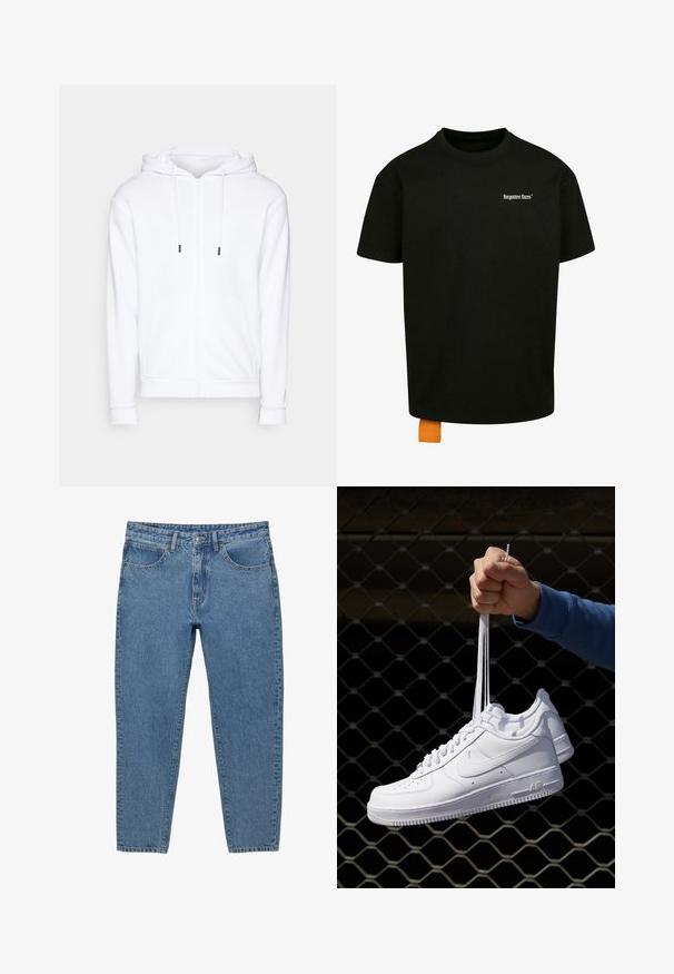 Jack & Jones JJEBRADLEY - Sweat zippé - white; T-shirt en coton noir avec une coupe décontractée, col rond et manches courtes. Présente un logo en texte blanc sur la poitrine et une étiquette orange à l'ourlet.; Jean en denim bleu avec une coupe droite, cinq poches et une fermeture éclair. Caractéristiques de surpiqûres visibles et d'une texture délavée.; Baskets en cuir blanc avec perforations, à bout rond, semelle plate et lacets épais, arborant un logo swoosh visible et "AIR" sur le talon.