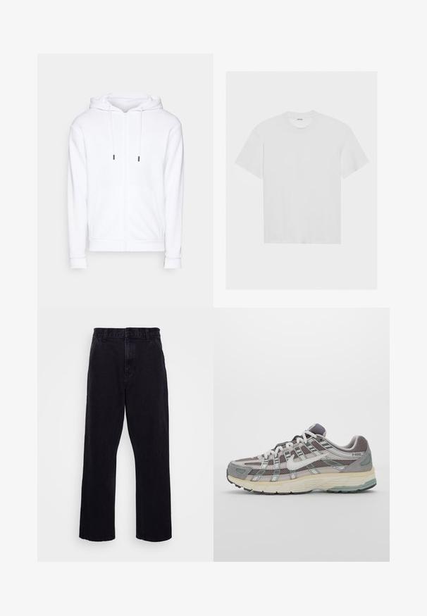 Jack & Jones JJEBRADLEY ZIP HOOD - Cipzáras pulóver - white; Fehér pamut póló rövid ujjakkal, kerek nyakkivágással és laza szabással. Simák a textúrája, és nincsenek látható minták vagy díszítések.; Fekete farmernadrág egyenes szárú kialakítással, gombos és cipzáros záródással, övzőkór és minimális varrási részletekkel.; Szürke sportcipő, hálós és velúr felsőrésszel, fehér részletekkel, párnázott talppal és jellegzetes dizájnnal, amely visszaverő elemeket tartalmaz.