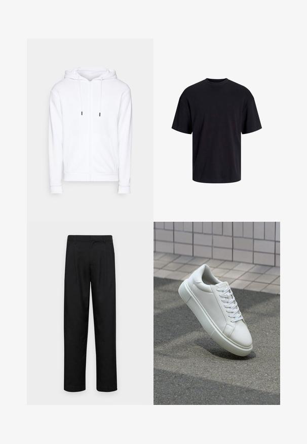 Jack & Jones JJEBRADLEY ZIP HOOD - Cipzáras pulóver - white; Fekete pamut póló, kerek nyakkivágással, rövid ujjú és laza fazonú. Simább anyagú, látható minták vagy díszítések nélkül.; Fekete nadrág sima anyagból, egyenes szárú fazonnal, két elülső redővel és közönséges derékkal, övhurkokkal.; Fehér bőr sportcipő sima felülettel, kerek orral és lapos fehér fűzőkkel. Texturált gumitalppal és minimális dizájnelemekkel rendelkezik.