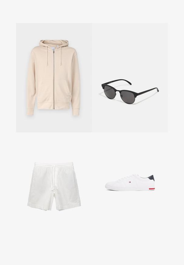 Beige zip-up hoodie lavet af blødt stof, med hætte, snore og to forlommer. Manchetter og kant er ribbede.; Kortærmet skjorte i lys cremefarvet stof, med en struktureret, perforeret design med firkantede mønstre og spids krave.; Hvide bomuldsbukser med elastisk talje og snøre, sidelommer og lige snit med færdige kanter.; Hvide low-top sneakers lavet af glat læder. Har en marineblå hælkappe og en rød detalje på sålen. Seks snørehuller.; Sorte solbriller med runde linser, mat finish og karakteristisk katteøje-form. Slanke arme med subtil branding på venstre stel.