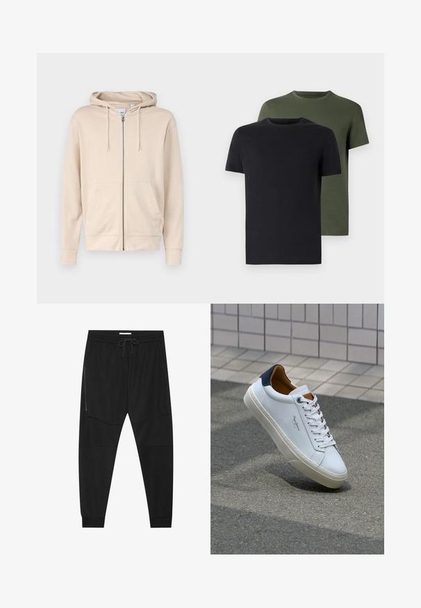 Beige zip-up hoodie made of soft fabric, featuring a hood, drawstrings, and two front pockets. Cuffs and hem are ribbed.; Two crew-neck t-shirts in black and olive green, made of soft cotton fabric. The design is simple with short sleeves and a straight cut.; Black athletic pants made of textured fabric, featuring an adjustable waistband, zippered side pocket, and tapered cuffs.; White leather sneaker with a navy heel, round toe, and contrasting brown accents. Features flat laces and textured rubber sole.