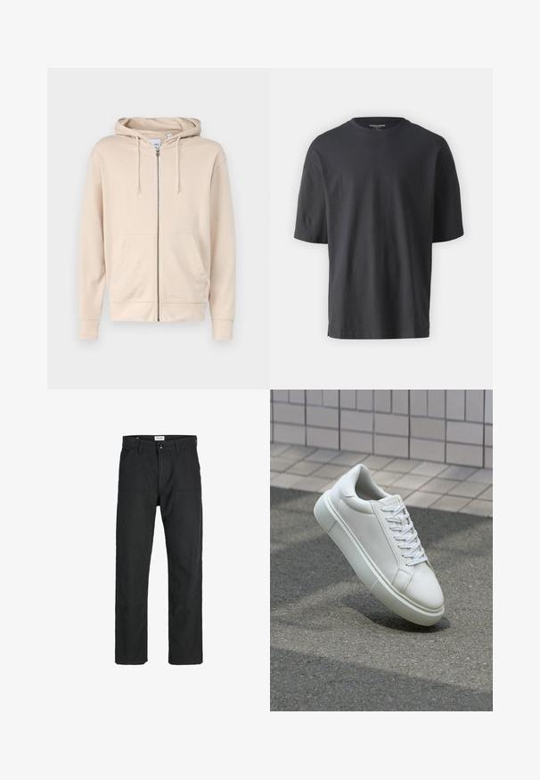 Beige Zip-up-Hoodie aus weicher Stoffqualität, mit Kapuze, Kordelzügen und zwei Fronttaschen. Die Bündchen und der Saum sind gerippt.; Schwarzes T-Shirt mit kurzen Ärmeln aus Baumwolle, mit Rundhalsausschnitt und lässiger Passform. Keine Muster oder Akzente sind sichtbar.; Schwarze Hosen aus strapazierfähigem Stoff, mit geradem Bein, genähten Akzenten und zwei vorderen Taschen für Funktionalität.; Weiße Leder-Sneaker mit glatter Oberfläche, runder Zehenpartie und flachen weißen Schnürsenkeln. Verfügt über eine strukturierte Gummisohle und minimalistische Designelemente.