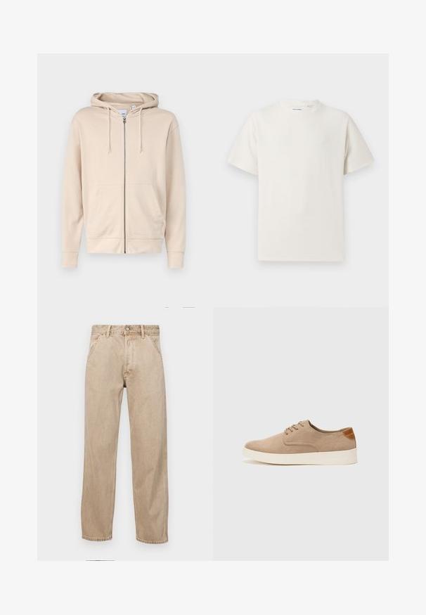 Béžová mikina so zipsom vyrobená z jemnej látky, s kapucňou, šnúrkami a dvoma prednými vreckami. Rukávy a lem sú rebrované.; Biela krátka tričko s krátkym rukávom so žebrovanou textúrou. Okrúhly výstrih, uvoľnený strih, žiadne viditeľné vzory ani akcenty. Jednoduchý a všestranný dizajn.; Bežové denimové rifle so strihom rovného nohu, s prednými vreckami, kovovým zapínaním na gombík a jemnou textúrou.; Béžové semišové tenisky s okrúhlou špičkou, šnurovaním vpredu a textúrovaným zadným akcentom. Biela gumová podrážka poskytuje kontrast. Jednoduchý a moderný dizajn.