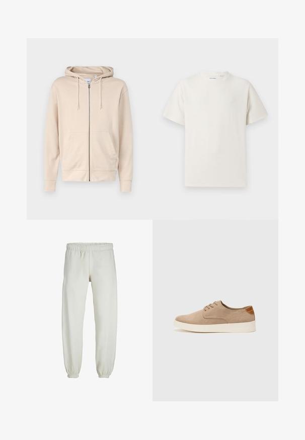 Sweat à capuche beige zippé en tissu doux, doté d'une capuche, de cordons de serrage et de deux poches avant. Les poignets et l'ourlet sont côtelés.; T-shirt blanc à manches courtes en texture côtelée. Encolure ronde, coupe décontractée, sans motifs ni accents visibles. Design simple et polyvalent.; Pantalons de survêtement blancs en tissu doux, avec une taille et des poignets élastiques, présentant une texture lisse et un design ample.; Baskets en daim beige avec un embout arrondi, un laçage sur le devant et un accent texturé à l'arrière. La semelle en caoutchouc blanche offre un contraste. Design simple et moderne.