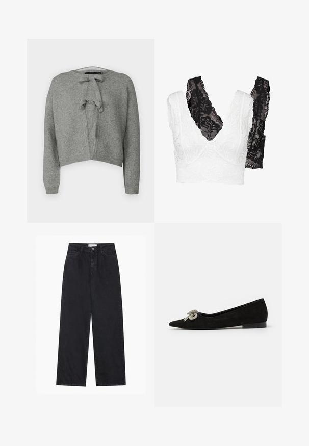 Vero Moda O NECK - Cardigan - medium grey; Set de bralette din dantelă cu un design floral alb și o variantă neagră. Ambele au un decolteu în V și bretele late, detaliate.; Jeans din denim negre cu talie înaltă, largi, cu închidere prin buton și fermoar frontal, urechi pentru curea și stil cu cinci buzunare.; Pantof negri din suede, cu vârful ascuțit, decorat cu un detaliu de fundiță argintie pe partea din față, având un toc mic.