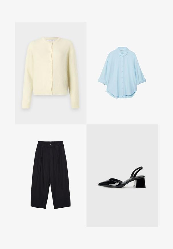 Ljusgul kofta i mjukt, strukturerat tyg. Har rund halsringning, långa ärmar och sexknapplist framtill.; Ljusblå skjorta i mjukt tyg, med klassisk krage, knäppning framtill och uppvikt ärmar för en avslappnad passform.; Svarta polyester culottbyxor med elastisk midja, två framfickor och en lös silhuett. Inga synliga mönster eller hårdvarudetaljer.; Svarta lackläder slingback klackar med spetsig tå och geometrisk klack. Har en elegant, minimalistisk design och slät yta.