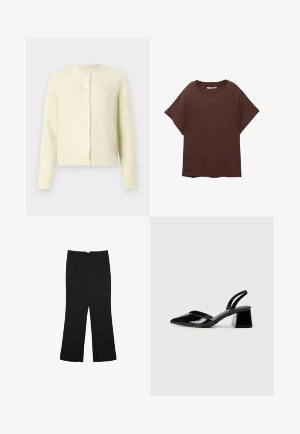 Svijetložuti kardigan napravljen od meke, teksturirane tkanine. Ima okrugli izrez, duge rukave i zatvaranje na šest dugmadi sprijeda.; Smeđa oversized majica od pamuka, s okruglim izrezom, kratkim rukavima i opuštenim krojem. Glatka tekstura bez vidljivih uzoraka.; Crne hlače ravnog kroja, s prednjim džepovima i bočnim prorezima na rubu. Izrađene od mekog i glatkog materijala. Pogodne za razne prigode.; Crne lakirane kožne sandale s otvorenom petom i špicastim vrhom, s geometrijskom blok petom. Imaju elegantan, minimalistički dizajn i glatku teksturu.