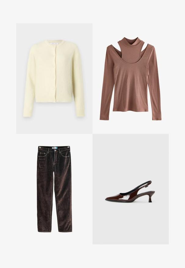 Šviesiai geltonas kardiganas, pagamintas iš minkštos, tekstūruotos medžiagos. Yra apvalus iškirpimas, ilgomis rankovėmis ir šešių mygtukų uždarymas priekyje.; Ilga rankovė tunika, muted rust spalvos, su raukšlėtu audiniu, su pusiau apykakle ir išskirtiniu išpjovimu peties srityje.; Rudonės korduroy tiesaus kirpimo kelnės su penkiomis kišenėmis, kontrastinga siūlė ir mygtuko uždėjimas juosmens srityje. Minkšta tekstūra su briaunotu raštu.; Rudos lakuoti odiniai slingback batai su smailiu pirštu ir vidutinio aukščio kulnu. Yra sagties dirželis, užtikrinantis tvirtą prigludimą. Lygus paviršius.